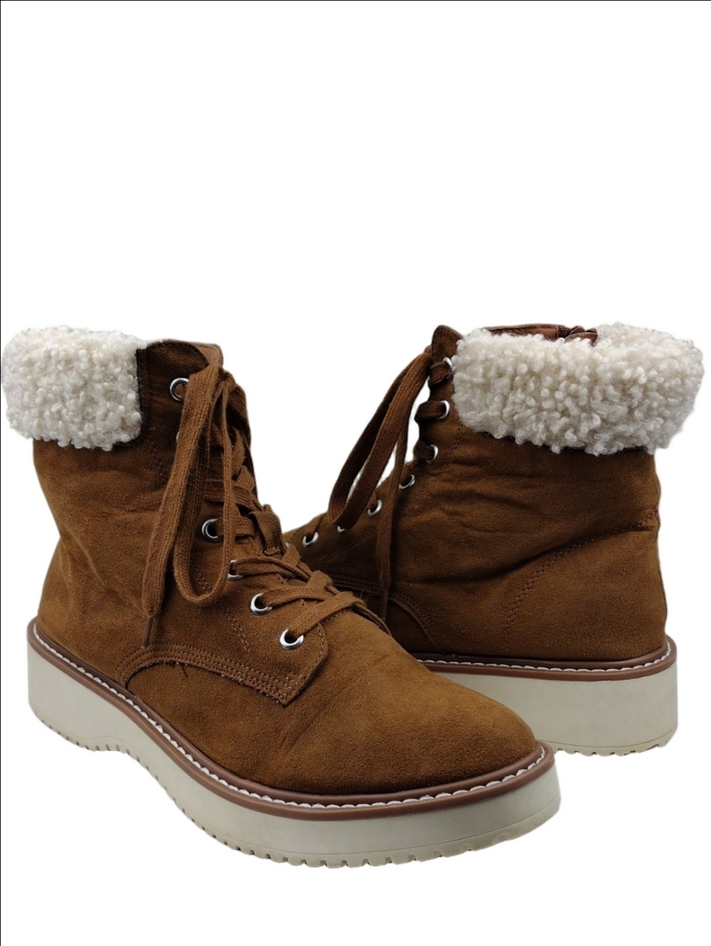 Madden Girl Kristf Tan Fabric Upper Sherpa Lined Lace Up Side Zip Ankle Boot